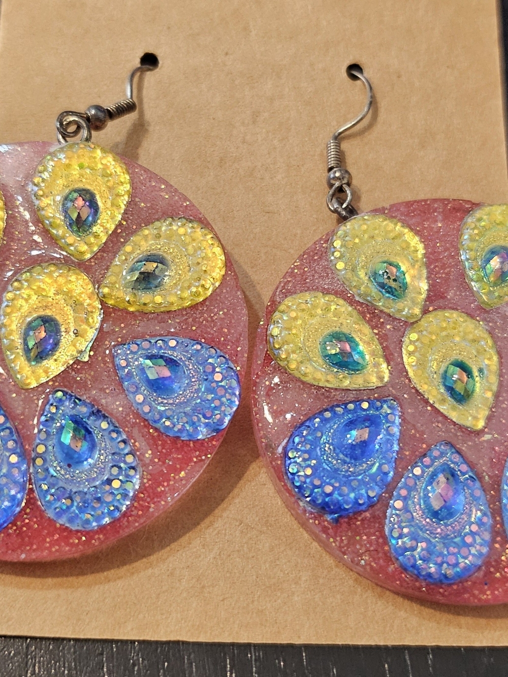 Handcrafted Pink Teardrop Dangle Earrings with Blue and Yellow Accents